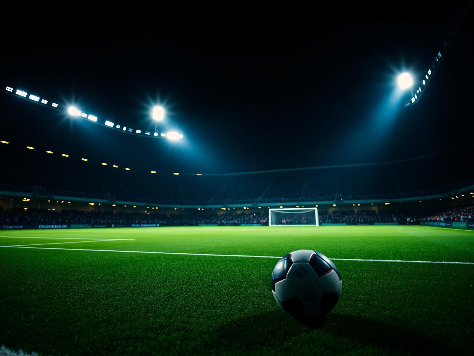 Murawa stadionu piłkarskiego oświetlona reflektorami nocą